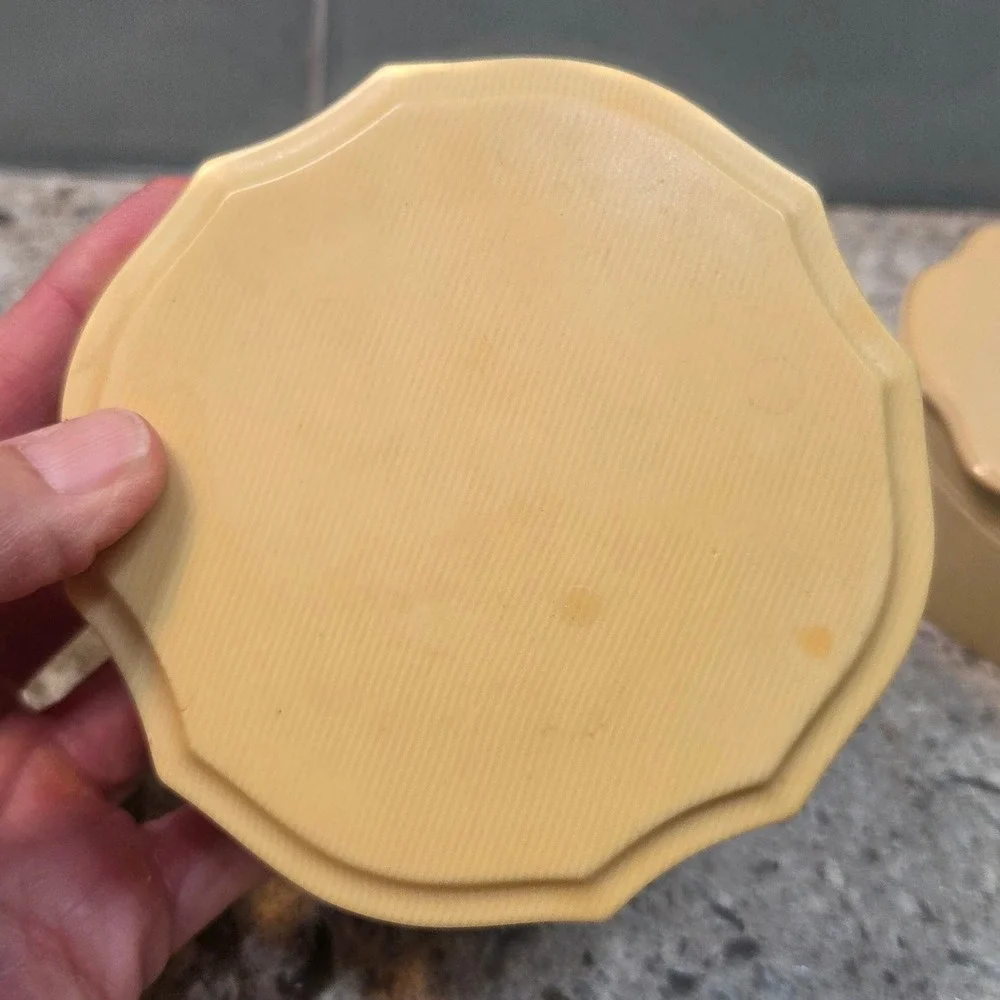 Vintage Fairfax Celluloid Vanity Boxes Cream Scalloped Art Deco Dresser Jars 4pc